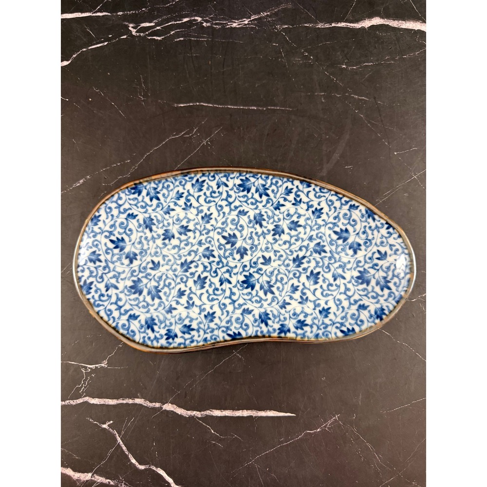 VTG  K's Japan Porcelain Oval Blue Floral Plate Dish Tray  9x5in Banner Stamp